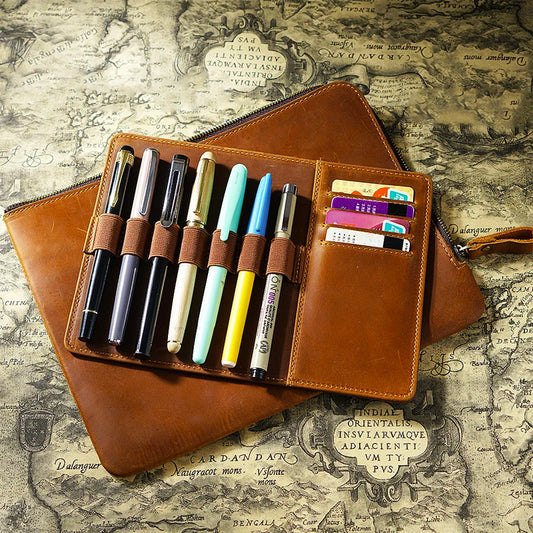 Fromthenon Cowhide Zipper Pen Bag Vintage Multiple Pen Case Large Capacity Removable Writing Case Stationery Storage Bag